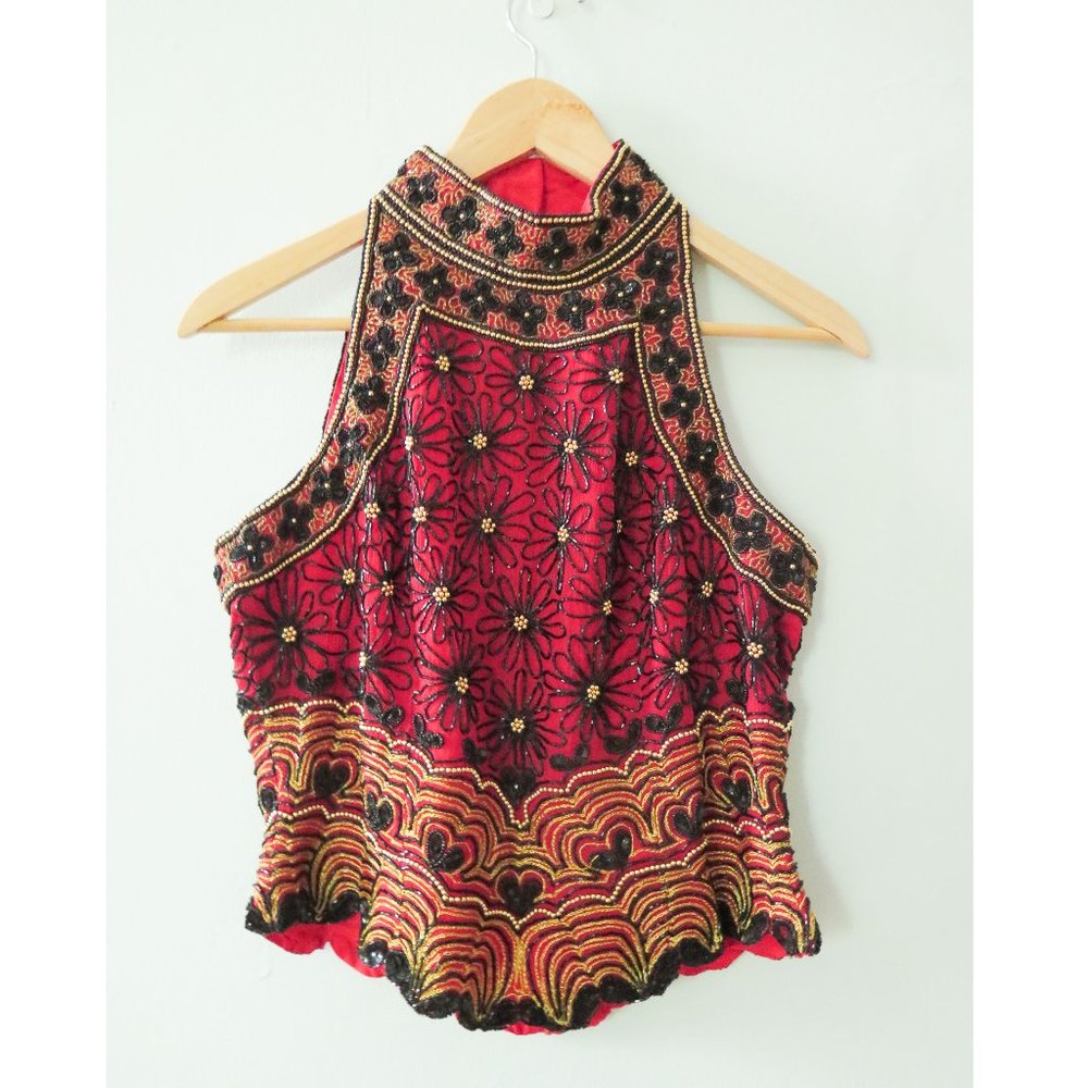 Papell Boutique Silk Evening Red Black Gold Multi-Color Floral Beaded Top